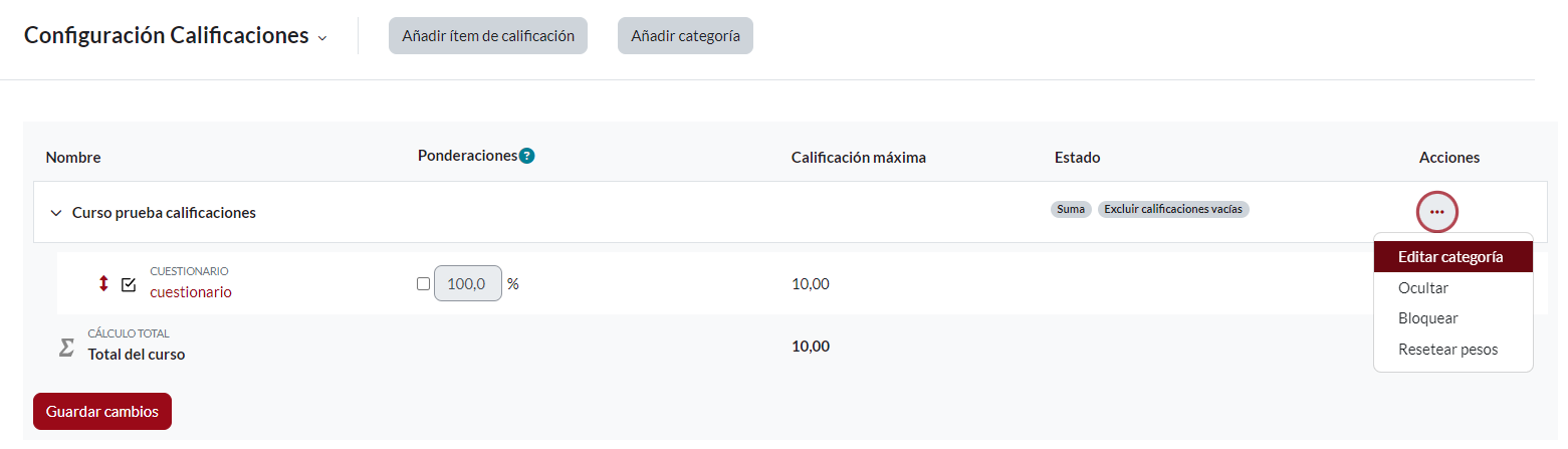 Configuración Calificaciones uno a uno.