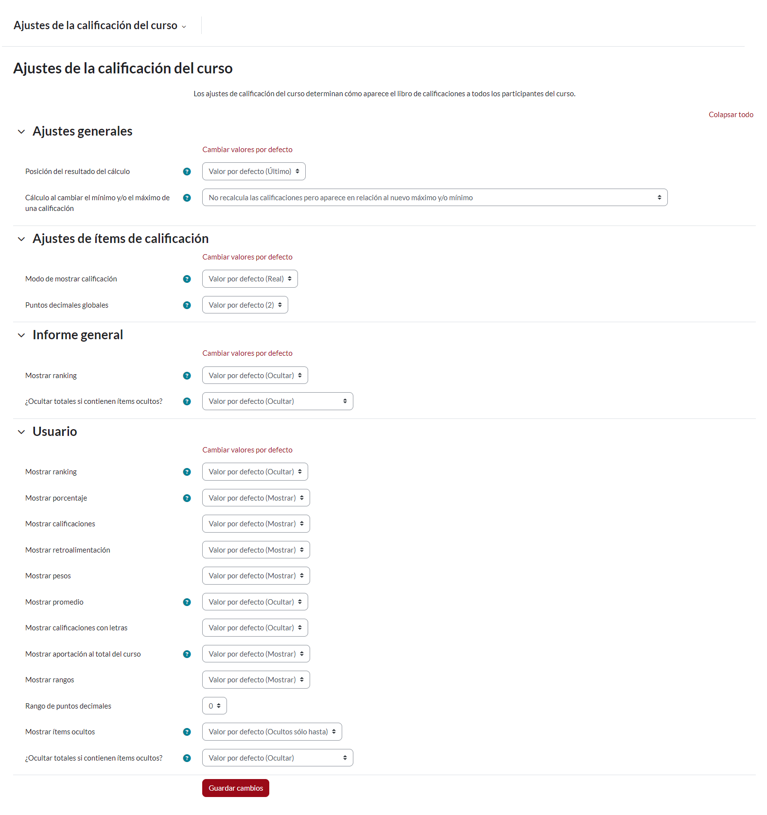 Ajustes de la calificación del curso