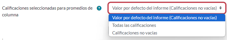 Calificaciones seleccionadas para promedios de columna