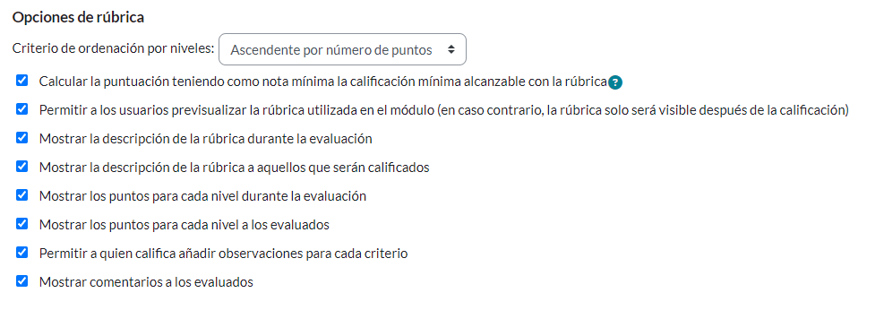 Opciones de rúbrica.