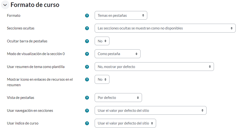 Opción Temas en pestaña del ítem Formato de Curso