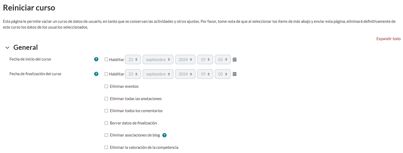 Módulo “Reiniciar curso” características “General”