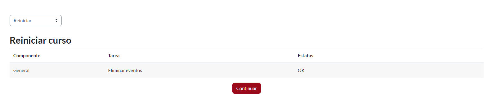 Módulo “Reiniciar curso” resumen de características seleccionadas
