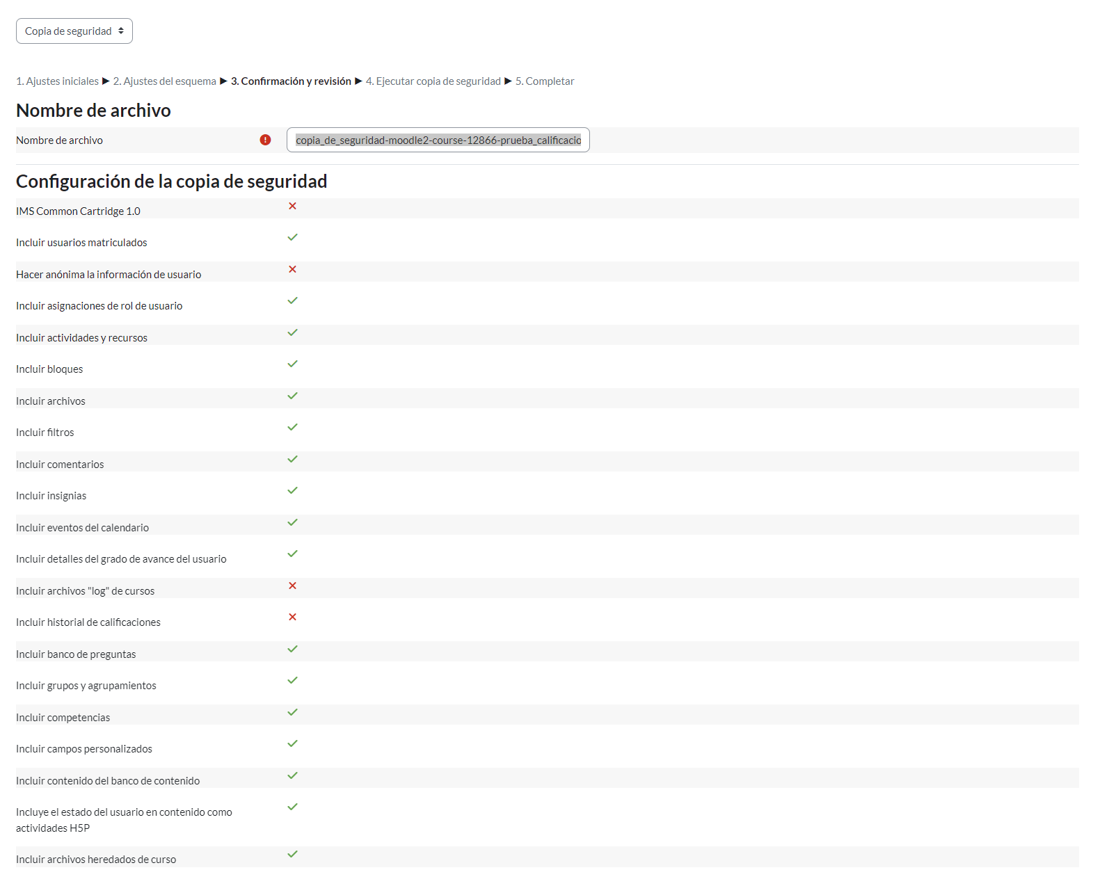 Módulo “Copia de seguridad”, contenido de confirmación y revisión