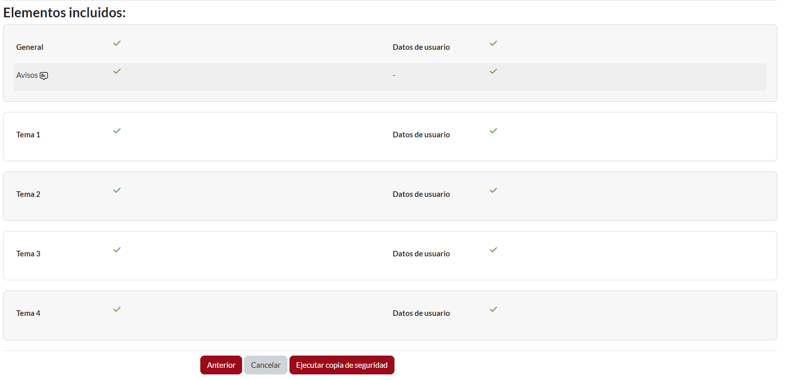 Módulo “Copia de seguridad”, contenido de confirmación y revisión