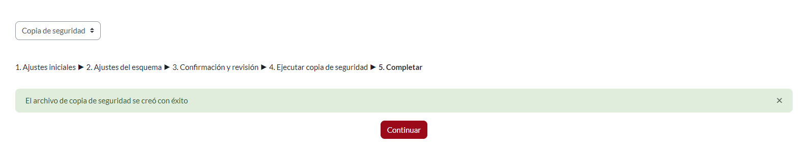  Módulo “Copia de seguridad”, mensaje de finalización de copia de seguridad