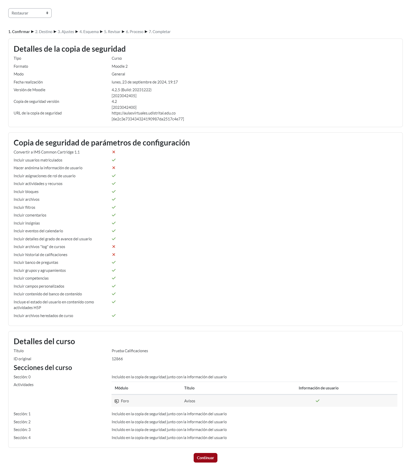 Módulo “Restaurar”, selección de restauración de la copia de seguridad