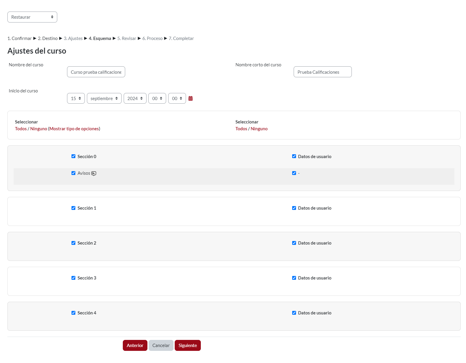  Módulo “Restaurar”, revisión de esquemas entre copia y espacio del curso seleccionado