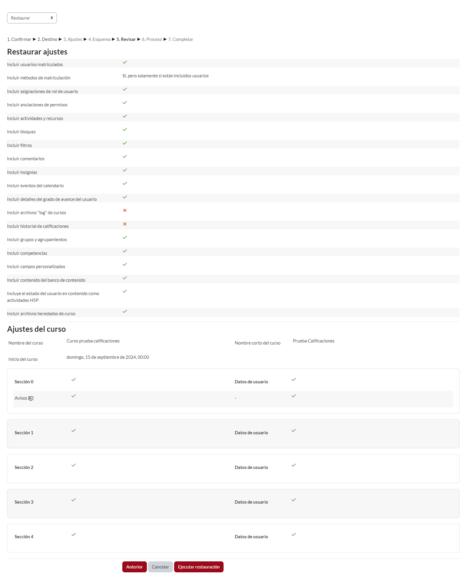 Módulo “Restaurar”, visualización de aspectos a restaurar