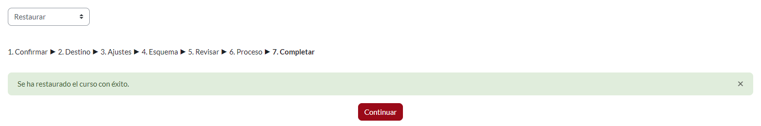 Módulo “Restaurar”, mensaje de restauración satisfactoria