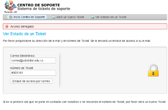 Menú de visualización del estado del ticket
